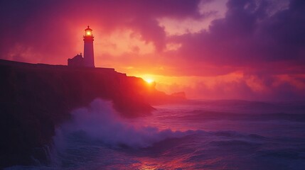 Coastal Lighthouse Sunset Dramatic Waves