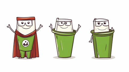 Recycling superhero carton character;  disposal;  eco-friendly; white background; educational illustration