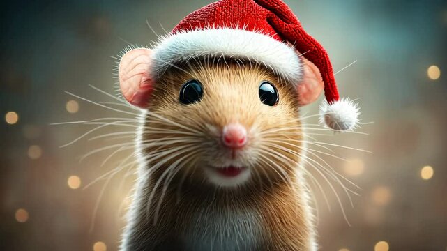 A digital illustration of a pet rat wearing a red and white Christmas hat, created with 3D modeling software, showcasing realistic textures and lighting effects.