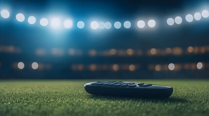 Remote control on grass, stadium lights background; watching sports at home