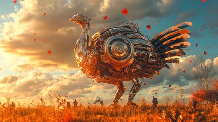 An ornate mecha turkey with gold and silver plating, strutting through a vibrant autumn meadow under dramatic skies on Thanksgiving, 4K vivid realism