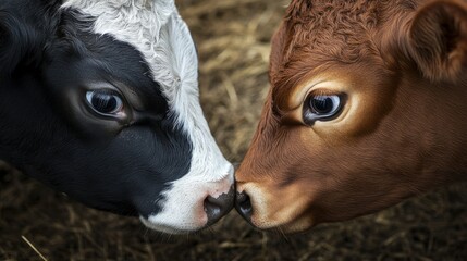 Two Holstein cow heads, one black and white and the other brown and white, captured in profile with golden hour lighting on a farm