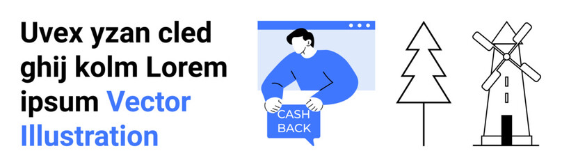 Minimal design featuring cashback message, stylized tree, and windmill. Ideal for financial services, eco-friendly campaigns, travel promotions, educational materials, website headers, digital