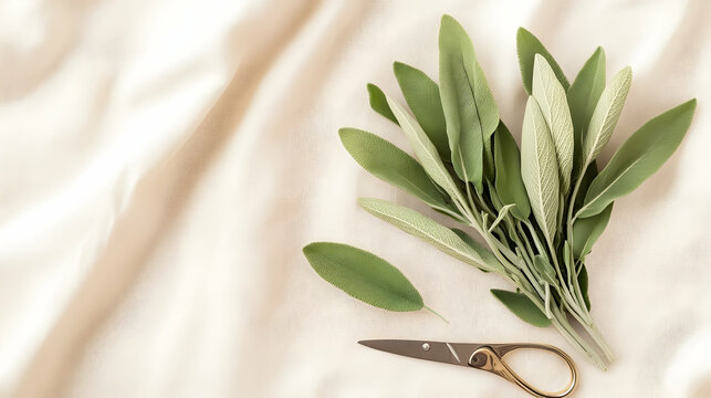 Sage leaves on beige fabric, scissors nearby; flat lay for culinary or herbal blog