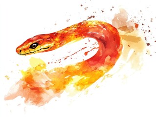 Watercolor painting of a red snake with orange and yellow splashes.