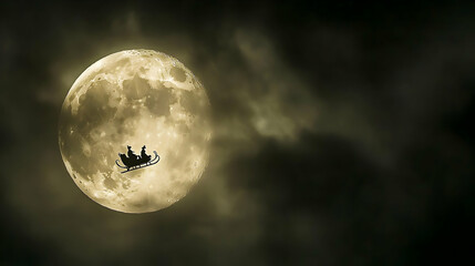 Fototapeta premium Santa's sleigh flies past a full moon at night, Christmas eve