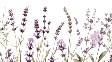 78.A detailed watercolor composition of lavender herb arrangements, showcasing delicate blossoms and leaves in muted, vintage-inspired tones, set on a pure white canvas.