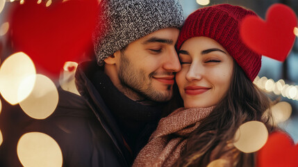 Romantic Couple Embracing in Winter with Heart Bokeh Lights