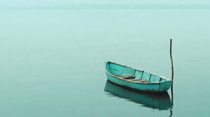 Serene teal rowboat on calm misty lake; peaceful solitude. Perfect for travel, relaxation themes