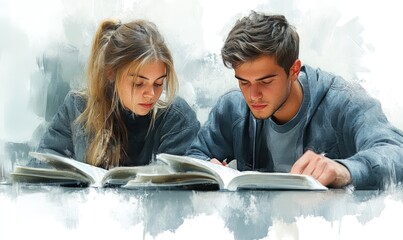 Naklejka premium Young couple studying together, focused on books.