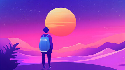Obraz premium Silhouette of traveler admiring sunset over vibrant hills, stars in sky; travel poster