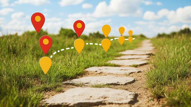 digital roadmap with colorful milestones along stone path in grassy field, symbolizing progress and innovation. vibrant markers guide way forward