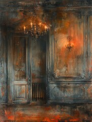 A decaying room with an open door, a chandelier, and aged wall panels.  Warm light illuminates the scene creating a dramatic, moody atmosphere.