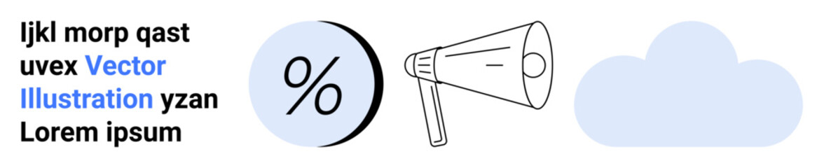 Black percentage symbol in blue circle, outlined megaphone, blue cloud. Ideal for marketing, online advertising, business strategies, promotions, announcements, discounts, cloud services. Landing