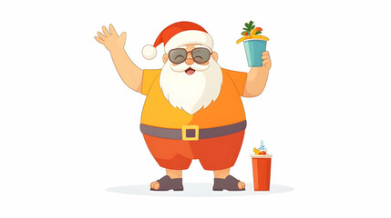 Summer Santa waves, holding tropical drink, beach background; Christmas greeting card
