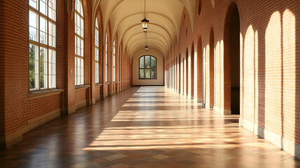 Sunlit brick corridor, arched windows, monastery, peaceful background, ideal for architecture or travel websites