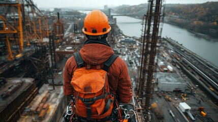 A construction worker surveys an industrial site from a height on a rainy day.