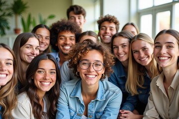 Diverse Group of Young Adults Smiling Together in a Bright Indoor Setting, Showcasing Friendship, Connection, and Community Spirit