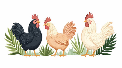 Fototapeta premium Three chickens, farm animals, tropical plants, white background, illustration for agriculture or poultry industry