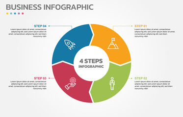 Visual data presentation. Cycle diagram with 4 options. Pie Chart Circle infographic template with 4 steps, options, parts, segments. Business concept. Marketing infographic vector illustration.