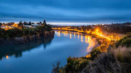 Twilight river scene, coastal town, New Zealand, houses and lights reflecting on water, travel photography