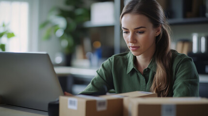A woman is focused on her laptop, surrounded by packages in a modern workspace, conveying a sense of productivity and organization.