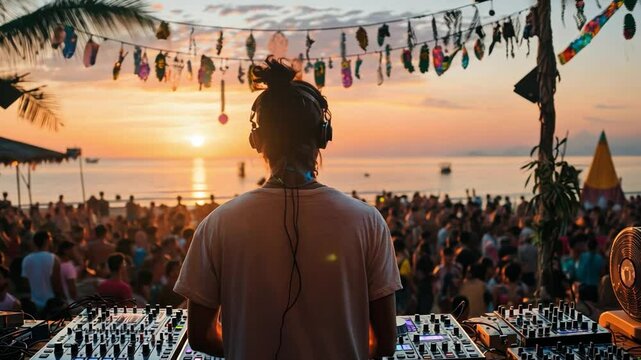 DJ standing in front of the crowd at the beach Music is playing from the sound system.