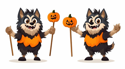 Obraz premium Two friendly werewolf Halloween characters holding carved pumpkins, isolated on white; perfect for greeting cards or children's books
