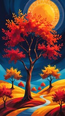 Vibrant Cubist Landscape of Niger with Abstract Tree and Sun in a Desert Setting

