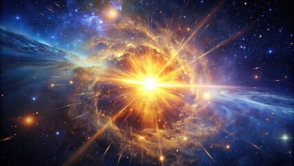A Celestial Event A radiant burst of energy and light erupts from a cosmic nebula, illuminating the surrounding star-filled expanse with golden and blue hues.