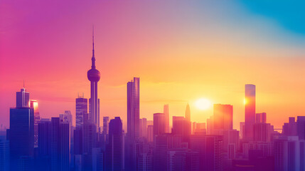 Obraz premium Vibrant sunrise over cityscape, skyscrapers silhouetted against colorful sky, peaceful urban dawn; ideal for travel brochures