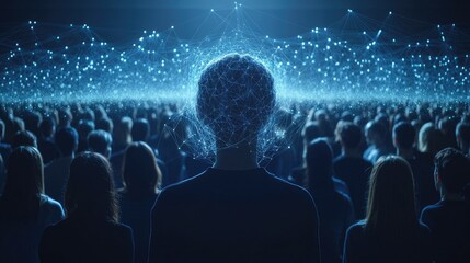 A crowd facing a digital network, symbolizing connection and technology's impact on society.