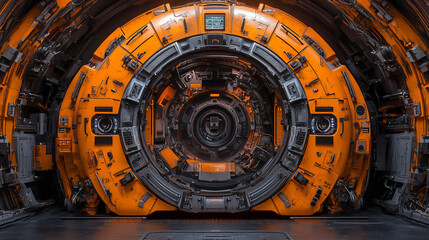 Fototapeta premium futuristic space station interior featuring circular, orange hued design with intricate machinery and technology. scene evokes sense of advanced engineering and exploration