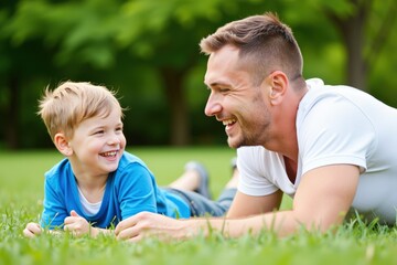 Fototapeta premium Heartwarming Bond Between Father and Son Lying on Green Grass in Natural Park Setting, Joyful Expressions in a Beautiful Daylight Environment
