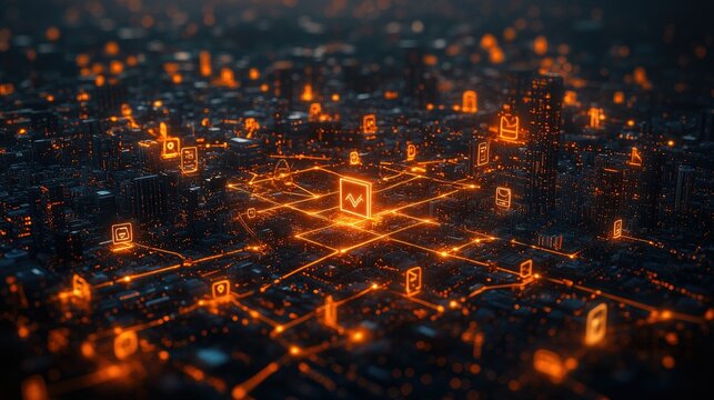 A digital cityscape illuminated with orange icons, representing data connectivity and technology.