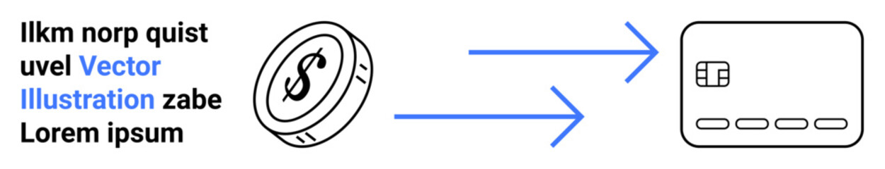 Coin with dollar sign transforming into a credit card via arrows. Ideal for finance, digital payments, cashless transactions, financial technology, online banking, e-commerce, digital transformation