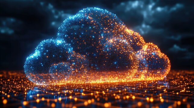 A digital cloud representation with glowing particles, symbolizing data storage and technology.
