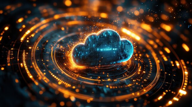 A digital cloud symbol surrounded by glowing data elements, representing cloud computing technology.
