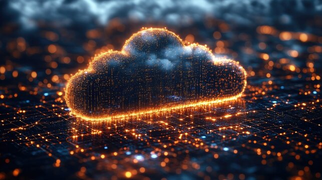 A digital cloud symbol glowing over a network of lights, representing data storage and technology.