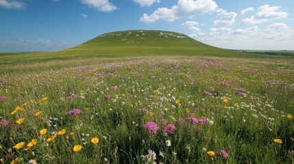 Fototapeta premium Vibrant Wildflower Meadow with Rolling Hills and Clear Blue Sky