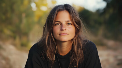 Fototapeta premium Young woman portrait, outdoors, autumn forest background, serene expression, lifestyle photography