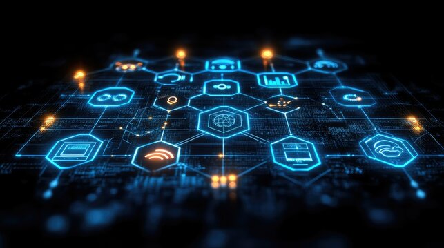 A digital network of interconnected icons representing technology and data concepts.