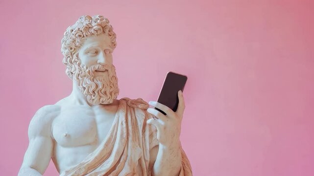 a marble statue holding a smartphone against a soft pink background