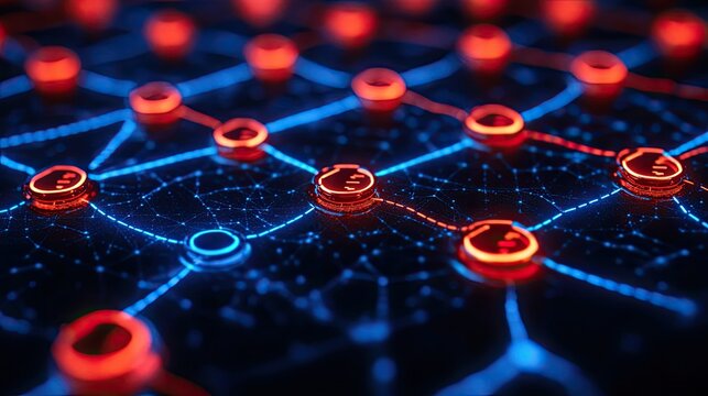 A digital network visualization featuring interconnected nodes in blue and red, symbolizing data flow.