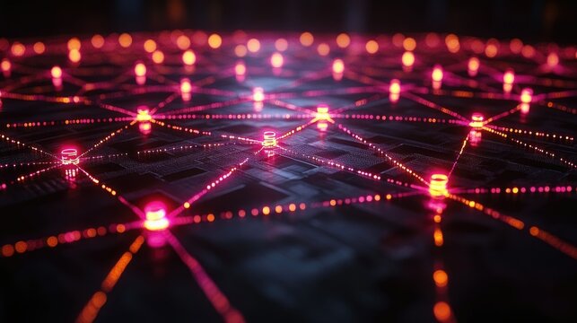 A digital network visualization with glowing nodes and connections, representing technology and data flow.