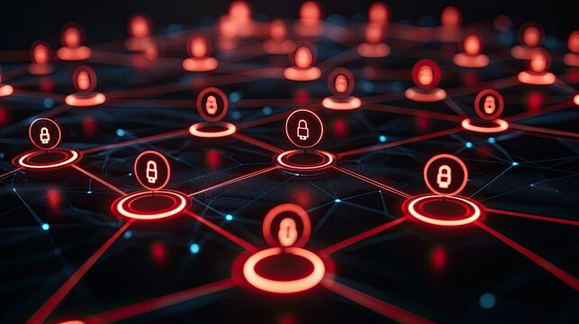 A digital network visualization with security icons representing data protection and connectivity.