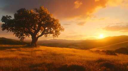 Lone Tree Sunset Golden Meadow Landscape