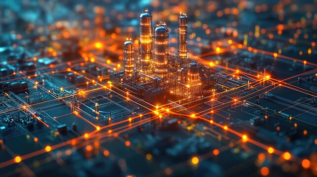 A digital representation of a futuristic industrial complex with glowing connections.