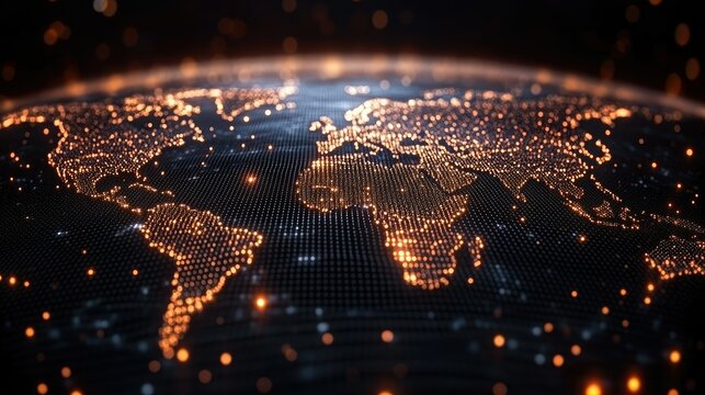 A digital representation of Earth showcasing illuminated continents and a network of connections.