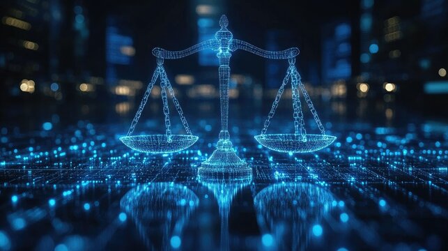 A digital representation of balanced scales symbolizing justice and law in a futuristic setting.